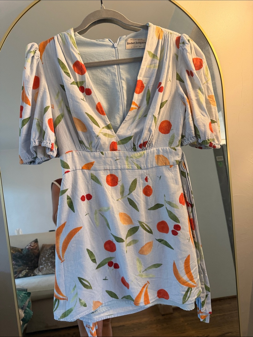 Finders Keepers White Fruit-Print Mini Wrap Dress with Orange and Green Motif